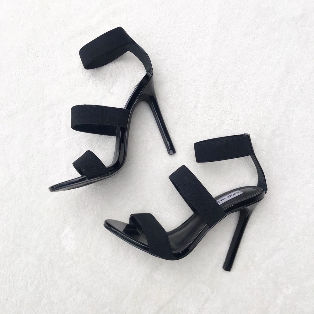 Steve Madden Crave Black Strappy Elastic High Heel Stiletto Sandals Sz 6